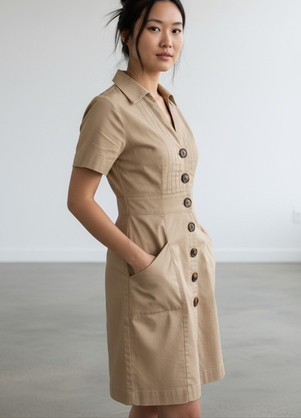 Robbie Bee Tan Khaki Safari  Button-Front Shirt Knee Length Midi Dress 6
